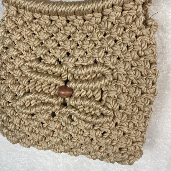 Vintage Cream Handmade Macrame‎ Purse Oval Handle 1970's Bead Crochet Small - Picture 2 of 9
